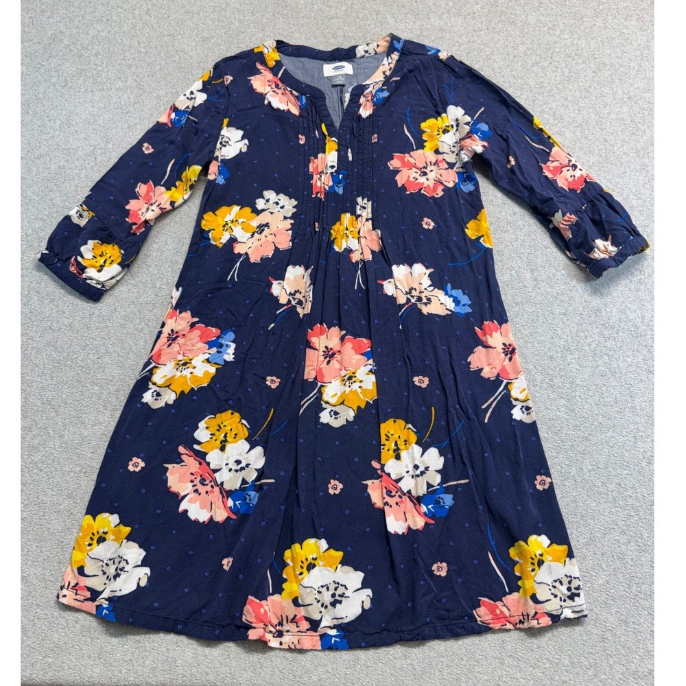 Old Navy Girls 10-12 L Navy Floral Pintuck Dress 3/4 Sleeve Flowy Casual School